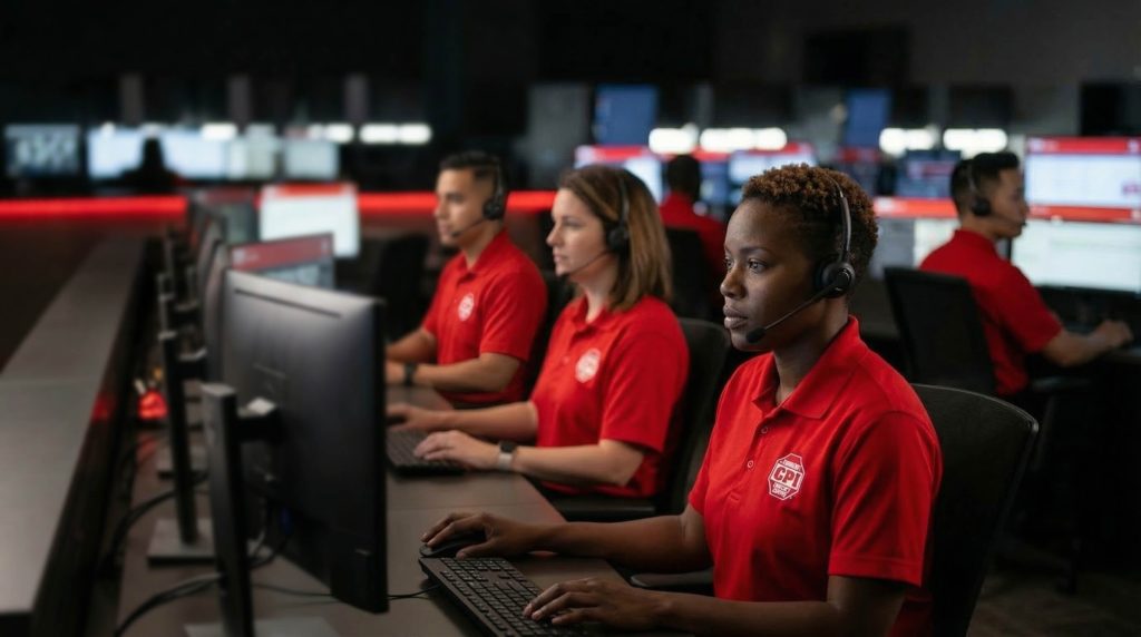 CPI Security employees in monitoring center watching a video surveillance security system