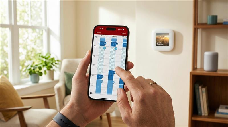 Hands holding iPhone using smart thermostat scheduling app