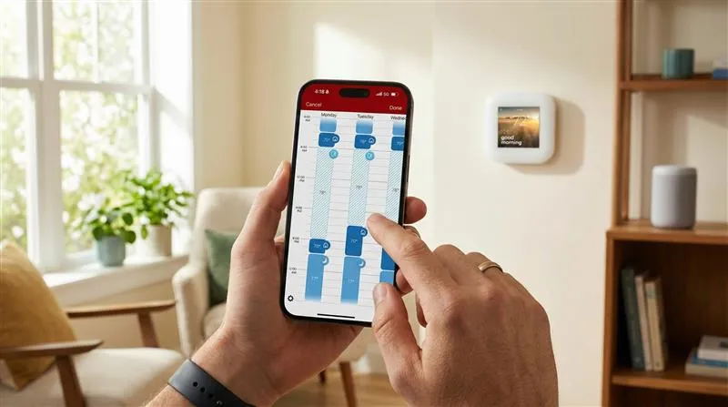 Hands holding iPhone using smart thermostat scheduling app