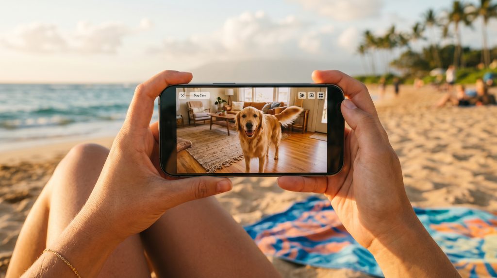 Person on beach looking at iphone security footage of dog in living room