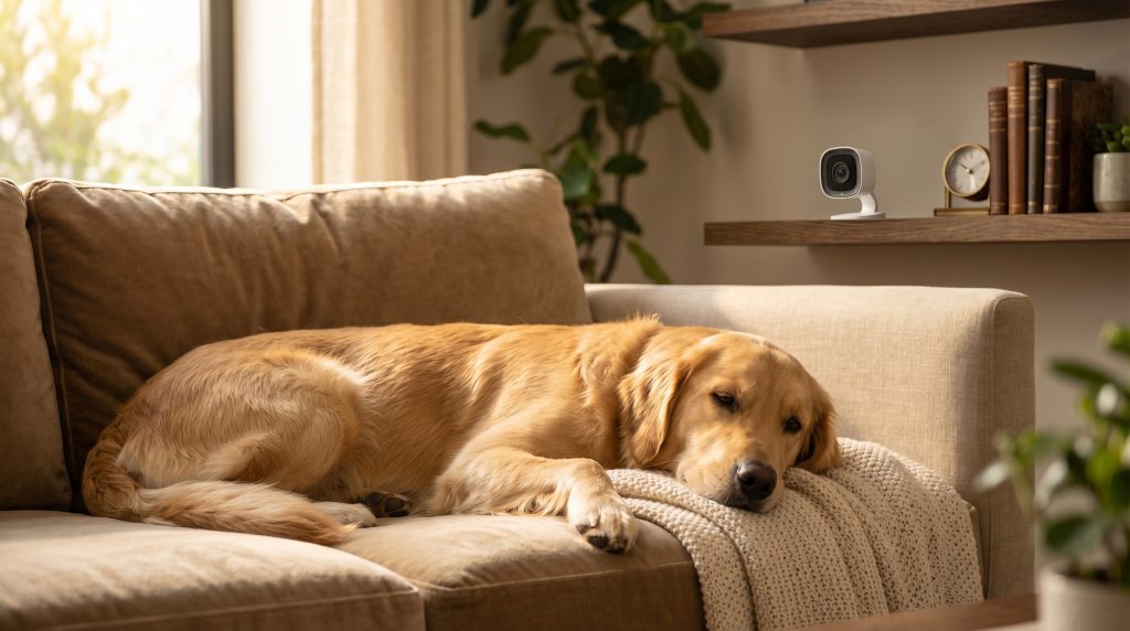 Dog sleeping on couch in living room