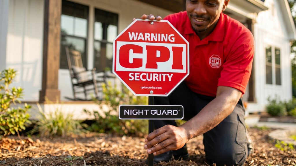 CPI Security rep placing yard sign in front yard