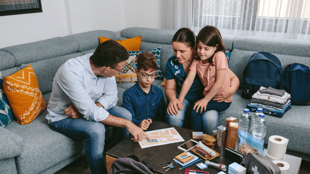 Family discussing emergency plan