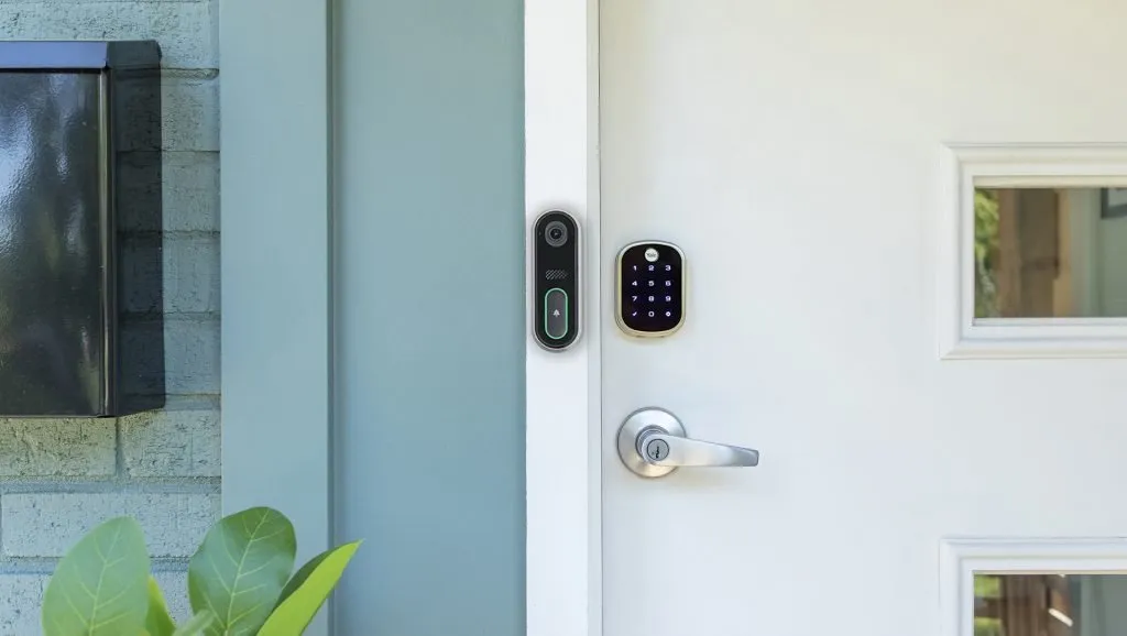 CPI Security Video Doorbell Pro and smart door lock mounted on front door