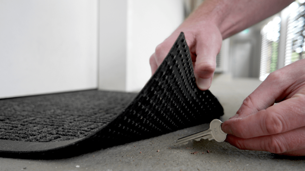Person hiding spare key under doormat