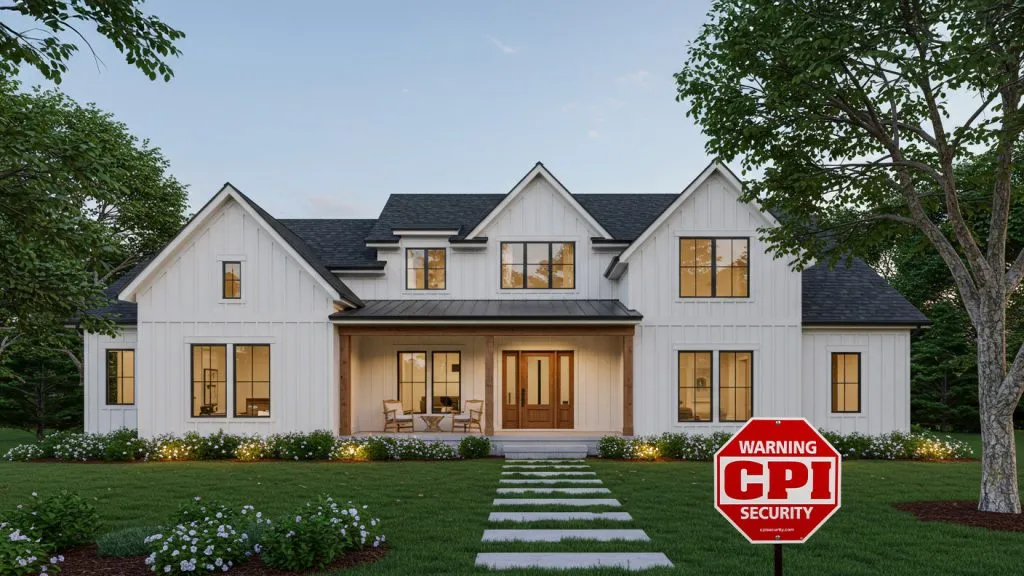 CPI Security Yard sign in front yard of modern farmhouse
