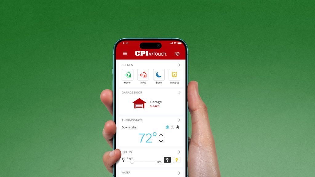 CPI Security InTouch dashboard displayed on an iphone