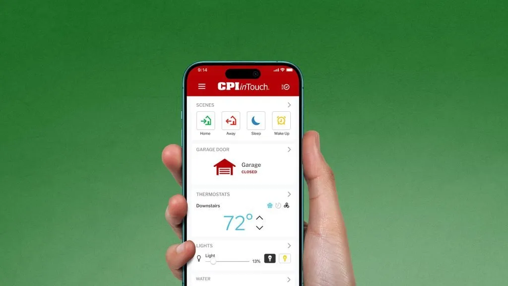 CPI Security InTouch dashboard displayed on an iphone