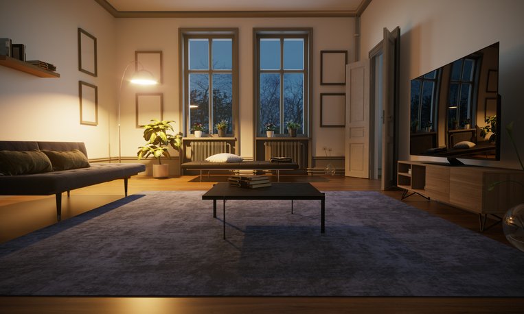 Modern living room at night