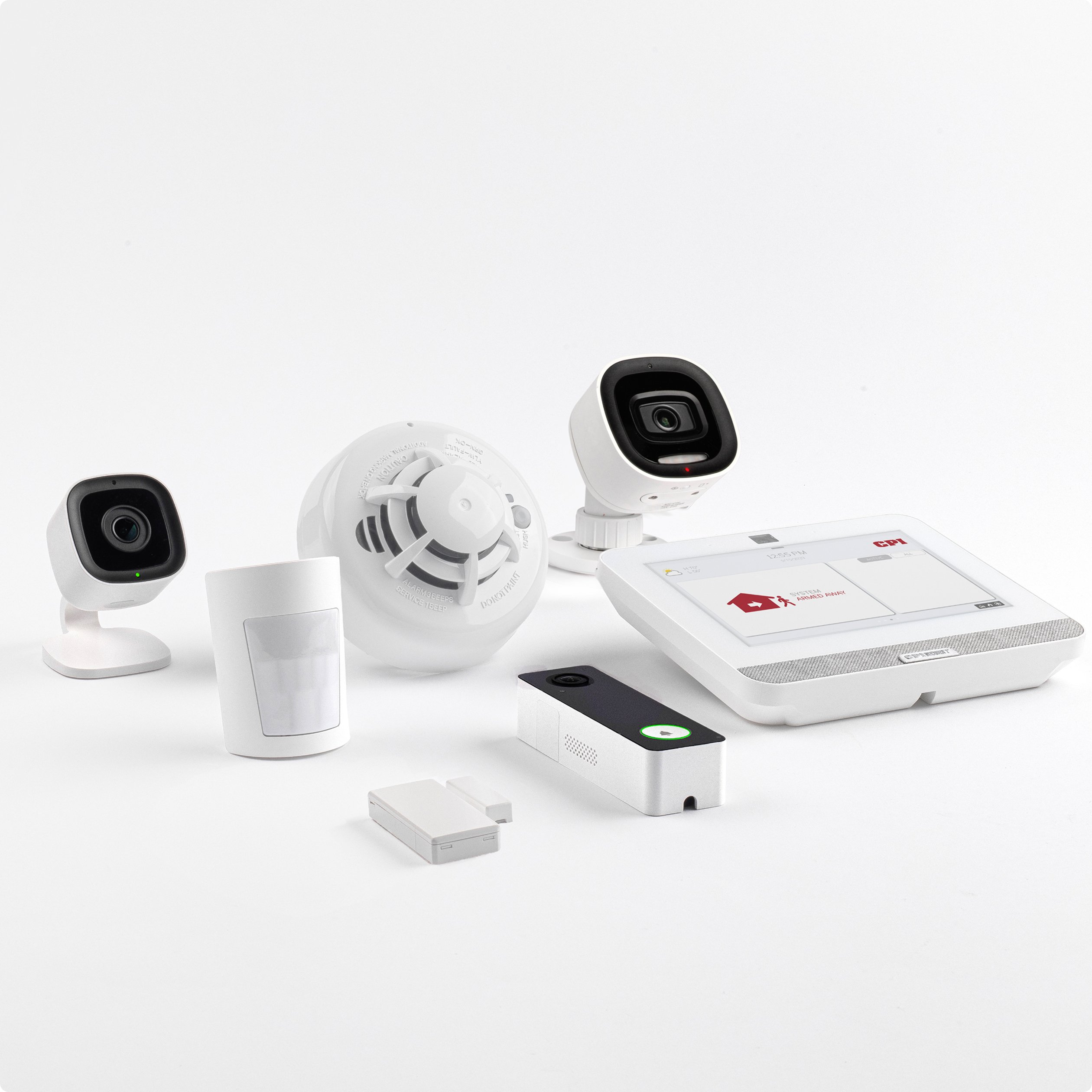 array of home security products including cameras, sensors and security panel