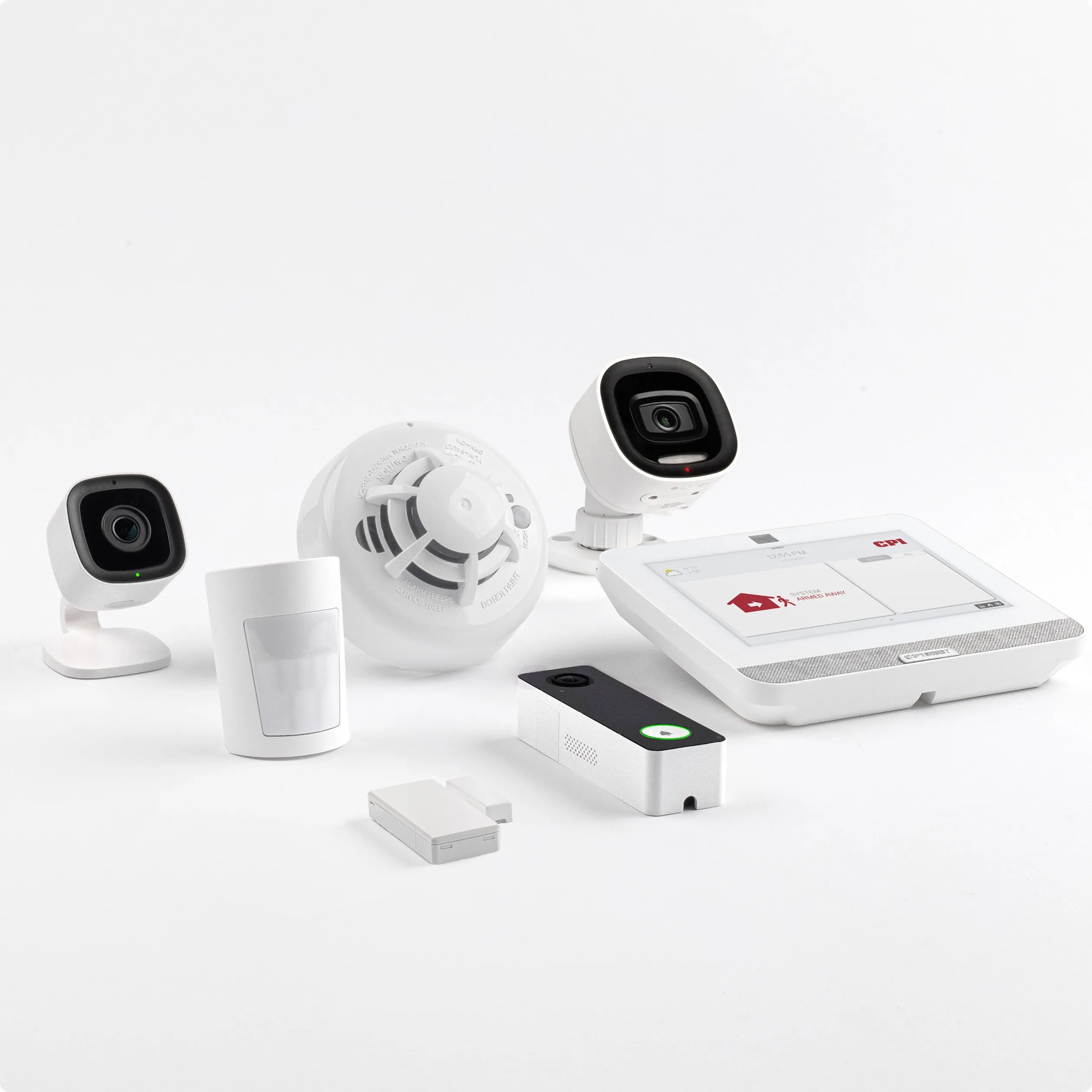 array of home security products including cameras, sensors and security panel