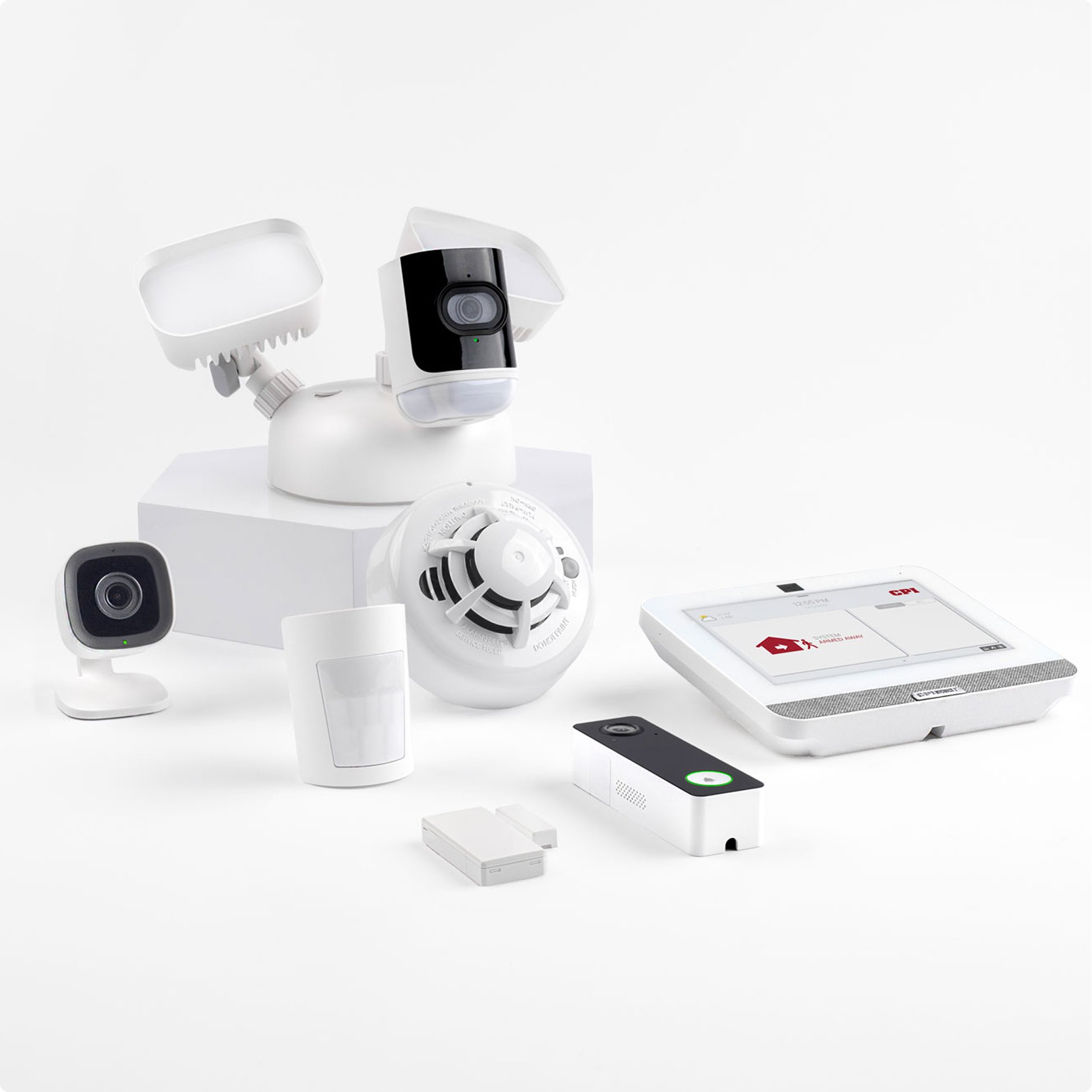 array of security products including video doorbell, sensors, cameras and security panel