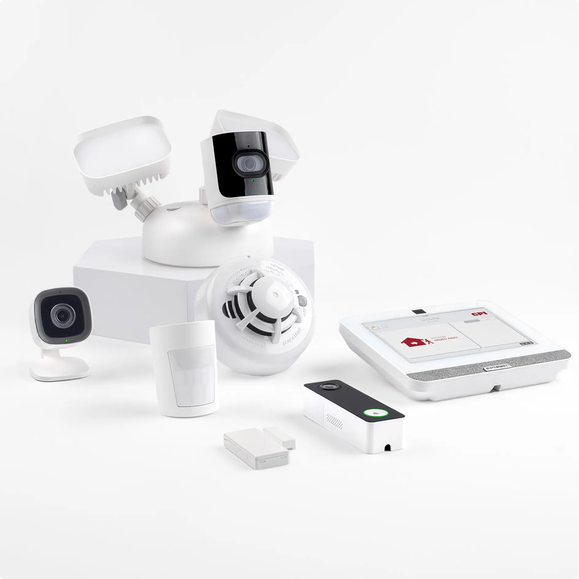 home security products array of security products including video doorbell, sensors, cameras and security panel