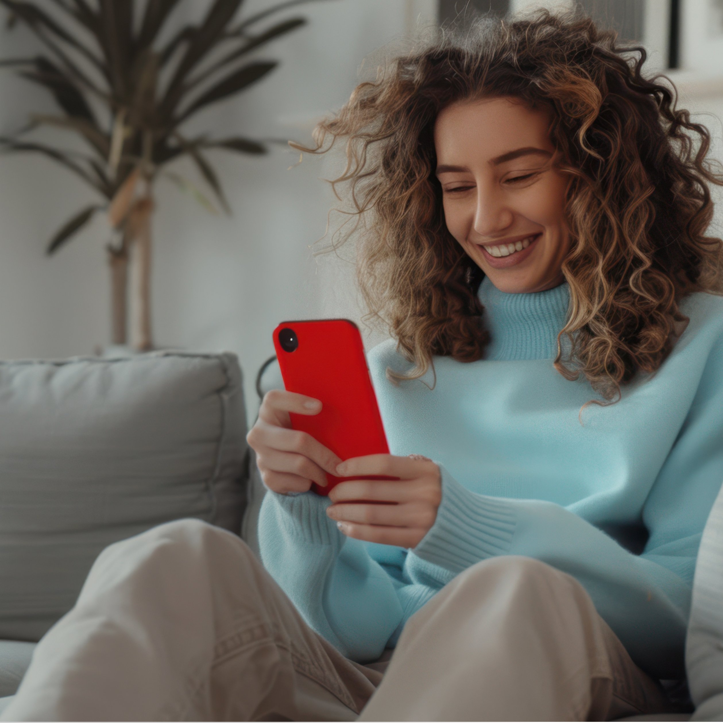 Woman smiling while looking at an iPhone on a couch