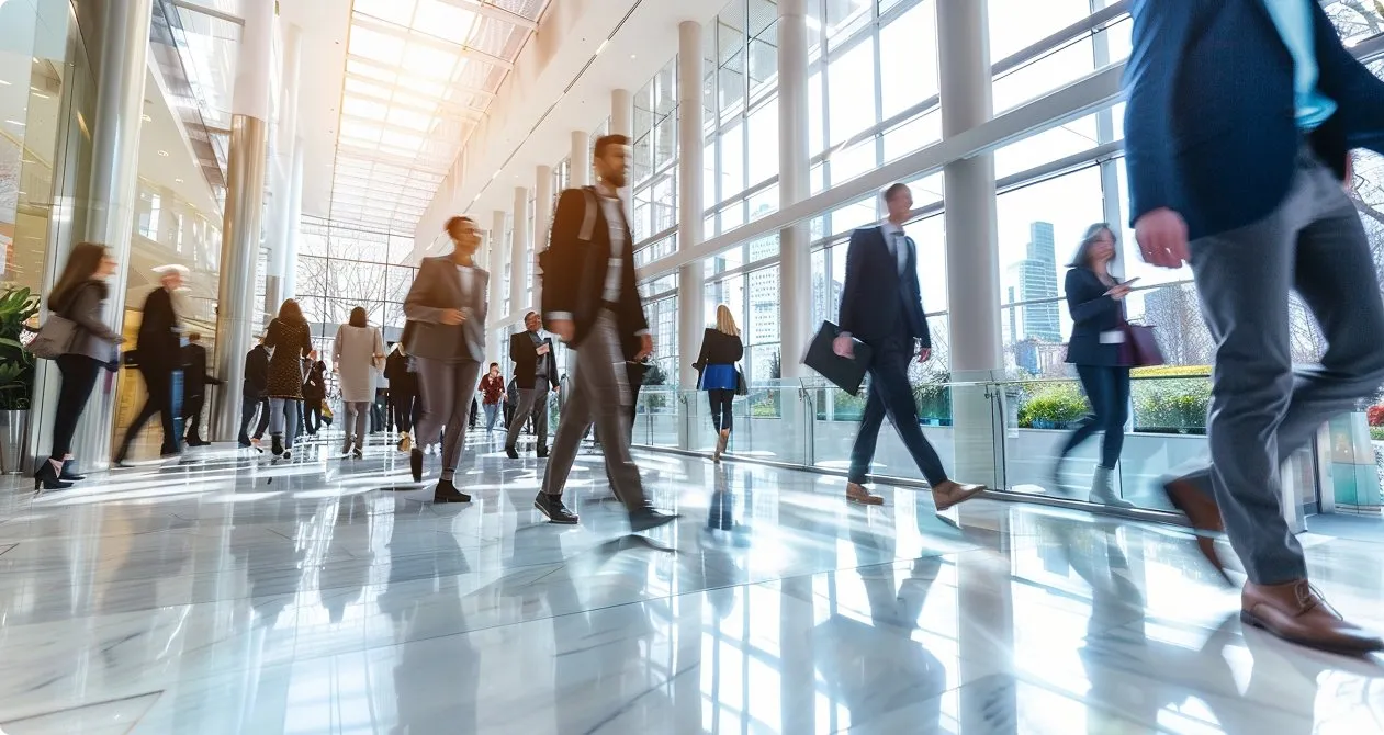 access-control-hero Business professionals walking through commercial office lobby