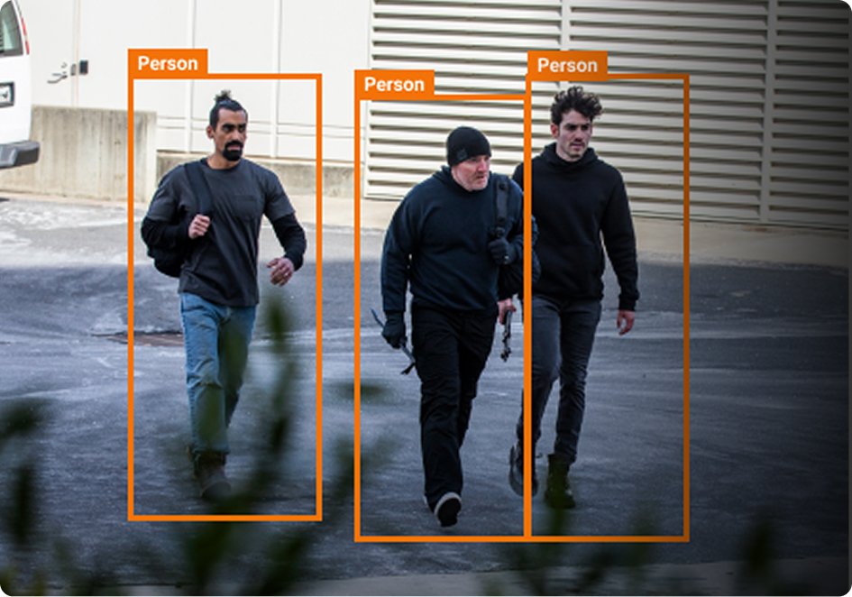 intrusion-detection-smart-ai Security-camera view of three burglars at a building entrance, highlighted by a detection UI