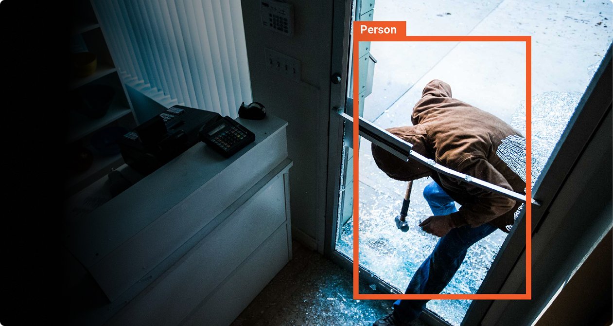 intrustion-detection-hero Security-camera view of a hooded person at a building entrance, highlighted by a detection UI