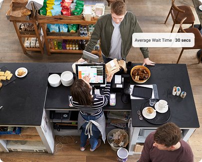 Camera view looking down at a cashier handing a customer their order in a coffee shop, with overlaid text reading 'Average wait time 30 secs