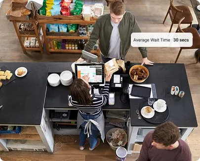 Camera view looking down at a cashier handing a customer their order in a coffee shop, with overlaid text reading 'Average wait time 30 secs