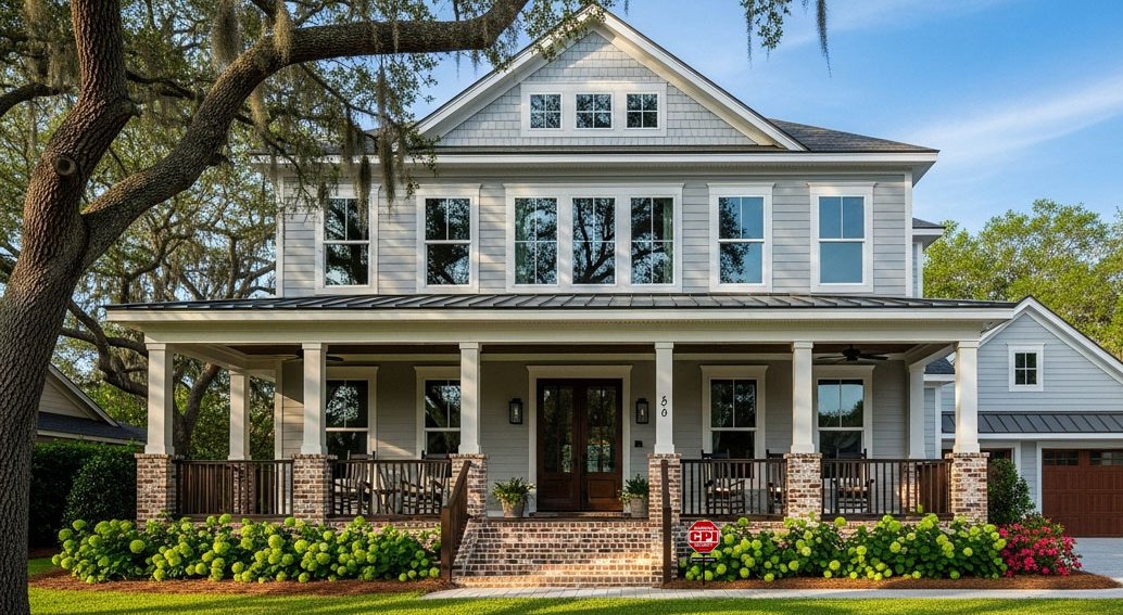 Large house with front porch and CPI Security yard sign in the front yard