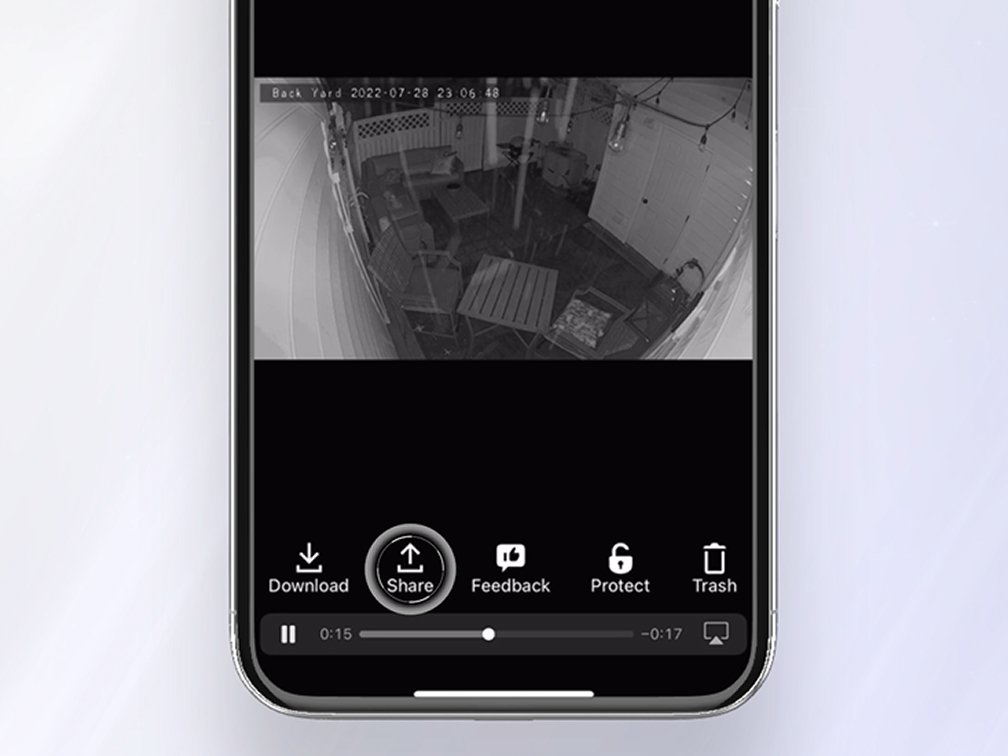 Security camera view of patio on iphone with Share button highlighted