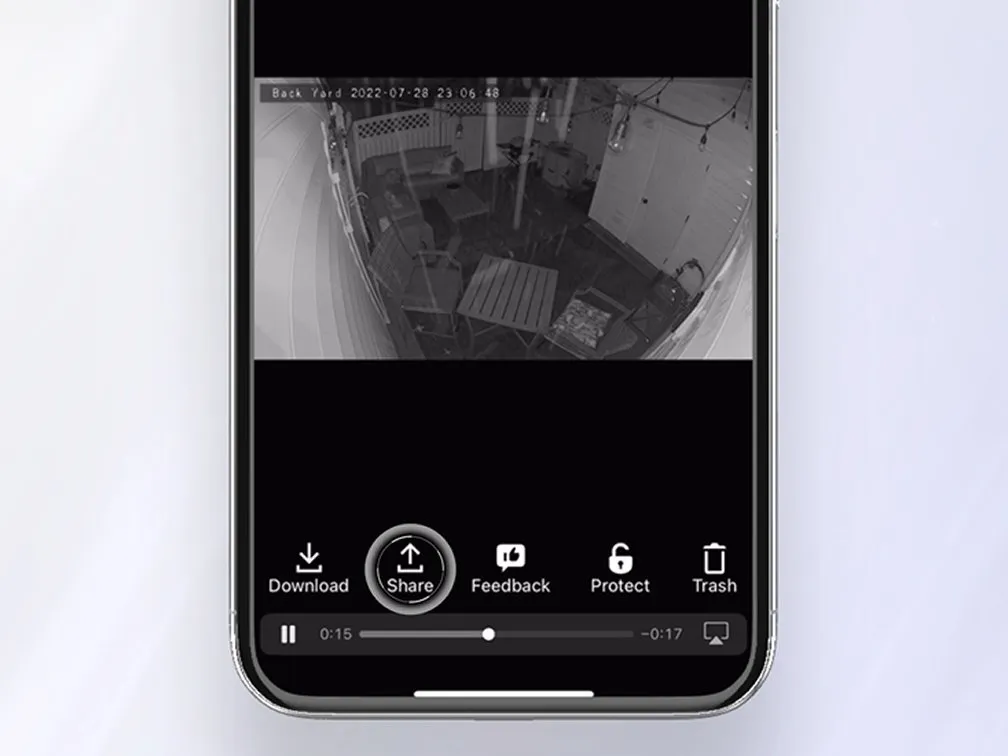 Security camera view of patio on iphone with Share button highlighted