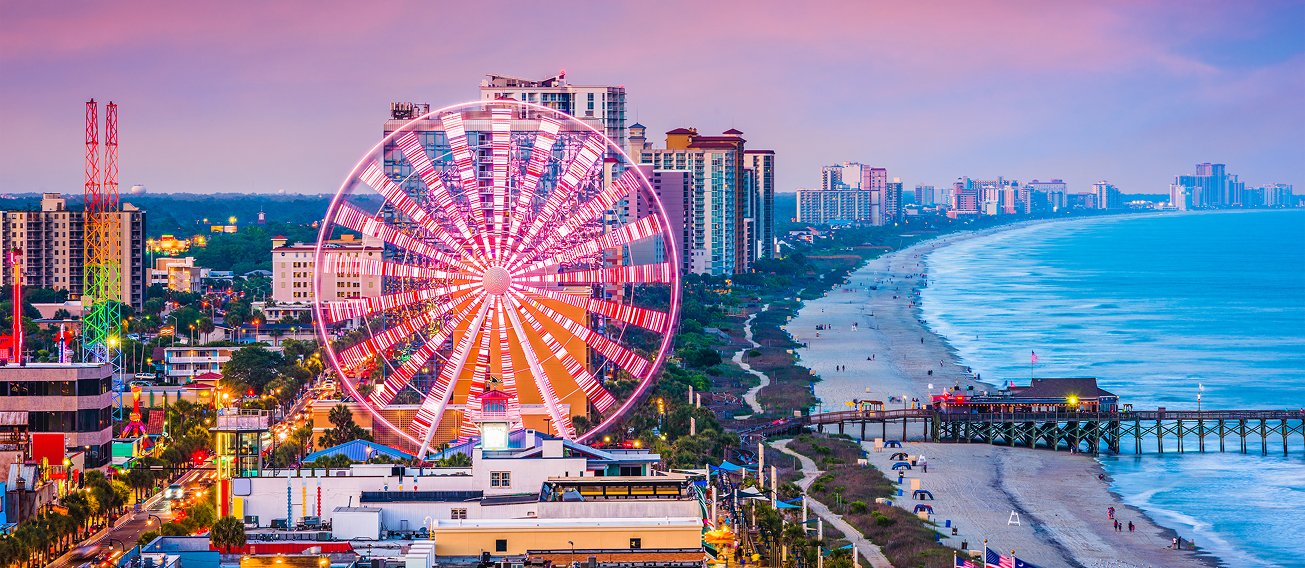 Myrtle Beach pier with a Ferris wheel in the background