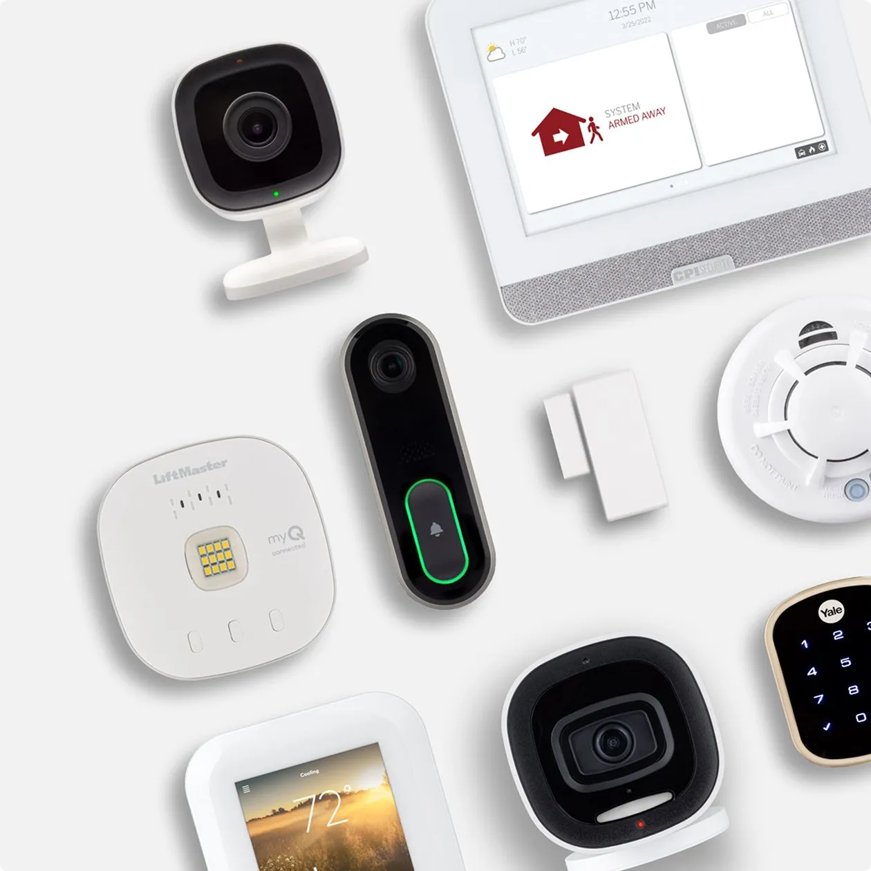 An array of smart home products and cameras that can tie into a home security system