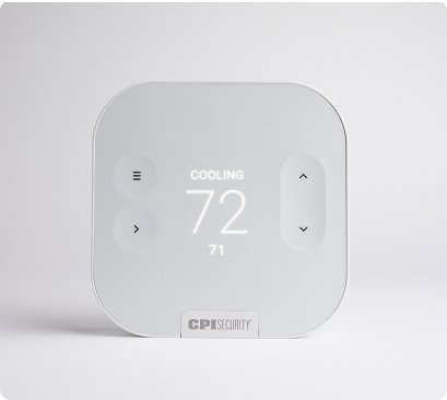 white smart thermostat with text on front saying cooling 72° with buttons to adjust temperature and settings