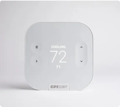 Outdoor770 white smart thermostat with text on front saying cooling 72° with buttons to adjust temperature and settings