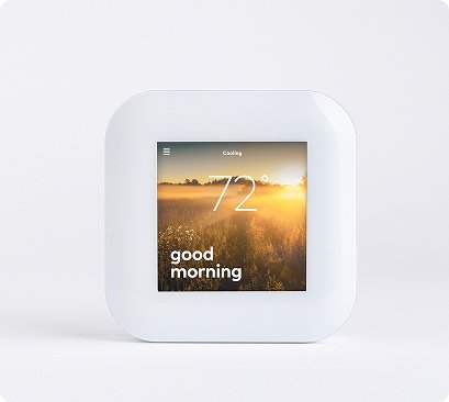 Smart thermostat displaying 72° and a good morning message