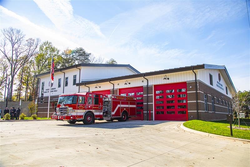 Fire truck in front of fire station