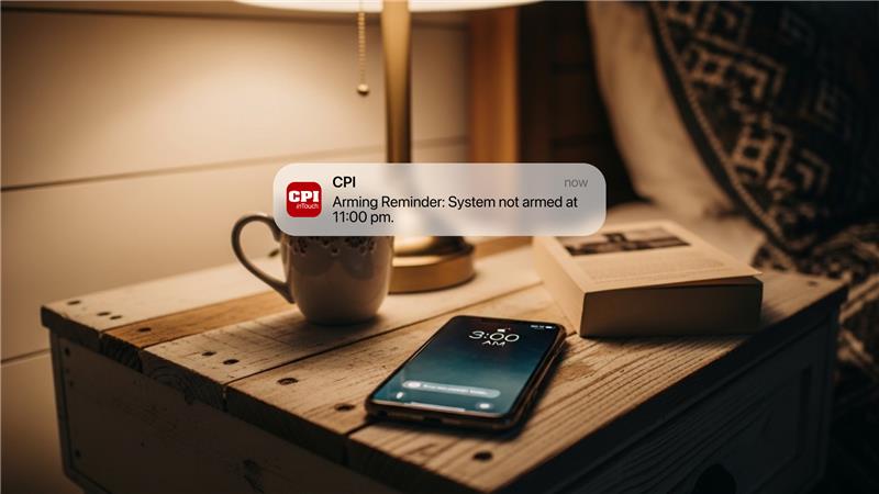 CPI inTouch notification UI hovered over nightstand with iphone and coffee mug