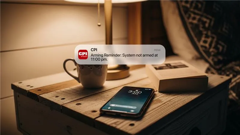 CPI inTouch notification UI hovered over nightstand with iphone and coffee mug