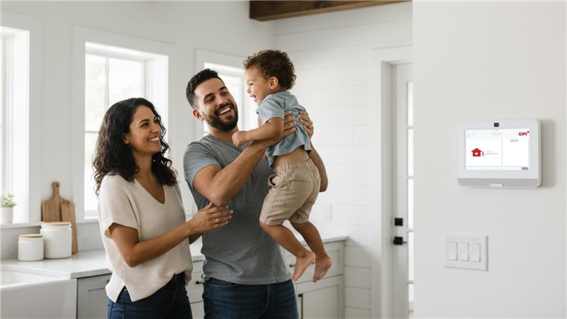 Family embracing in kitchen next to CPI Security SmartHub Panel