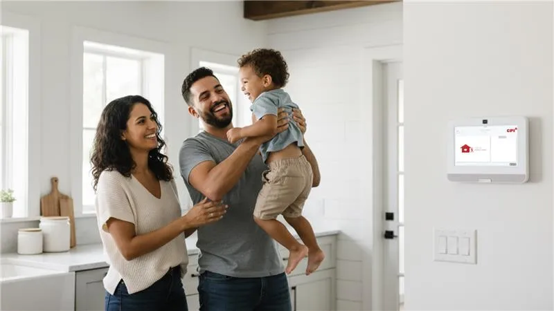 Family embracing in kitchen next to CPI Security SmartHub Panel